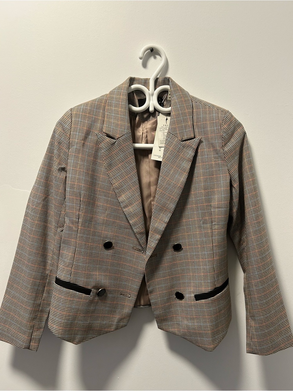 Women's Double-Breasted Houndstooth Blazer - Beige